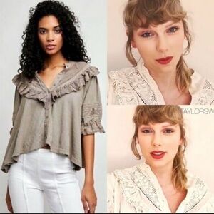 Free People Lace Trim Gray Blouse